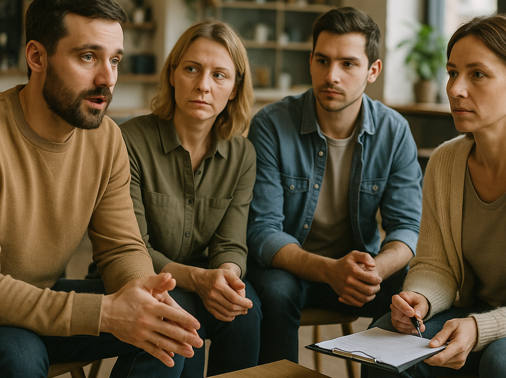 Four adults in a casual meeting, seated around a coffee table, one taking notes while others listen attentively.